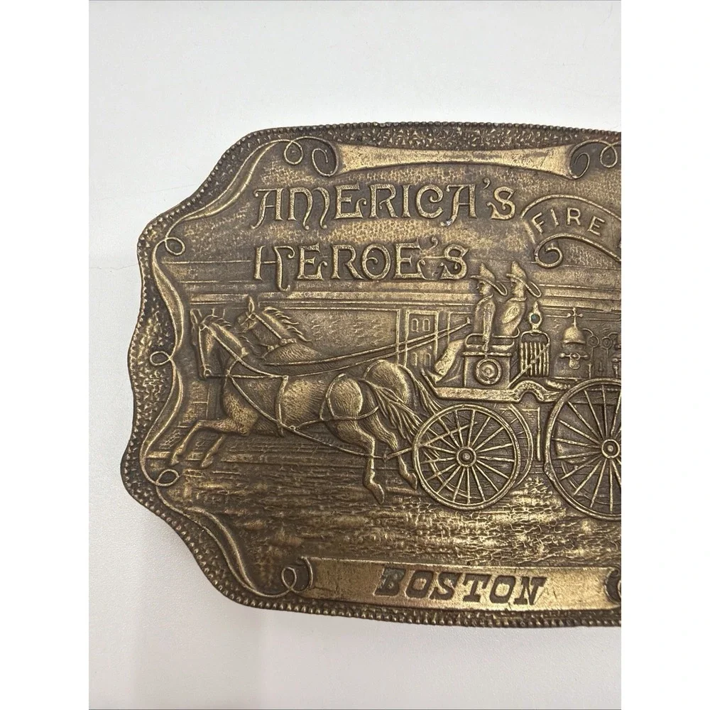 Vintage Brass Belt Buckle American Heroes Fire Department Boston